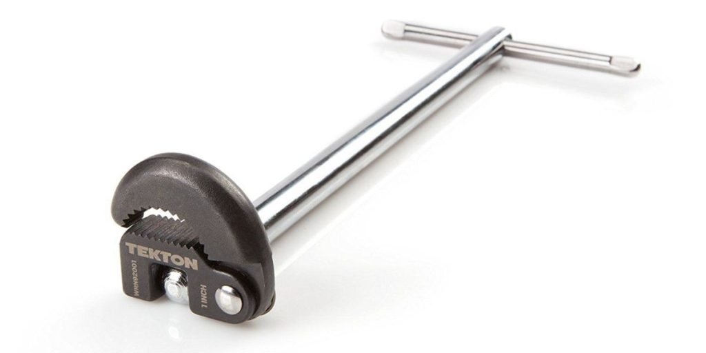A basin wrench with a rotating, self-adjusting gripping head and long handle