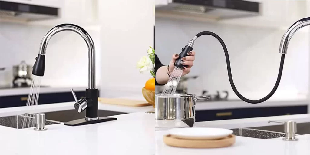 FORIOUS Kitchen Faucet with Pull Down Sprayer Black Chrome, High Arc Single Handle Kitchen Sink Faucet with Deck Plate