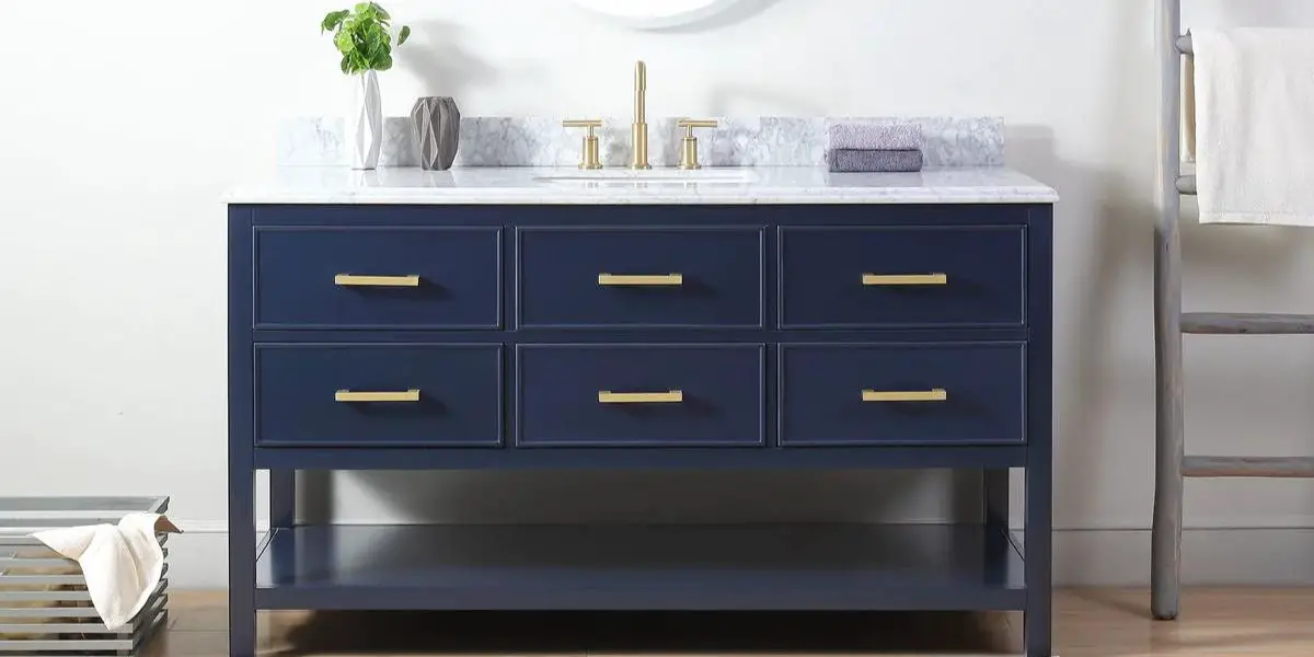 blue bathroom vanity with marble stone counter top