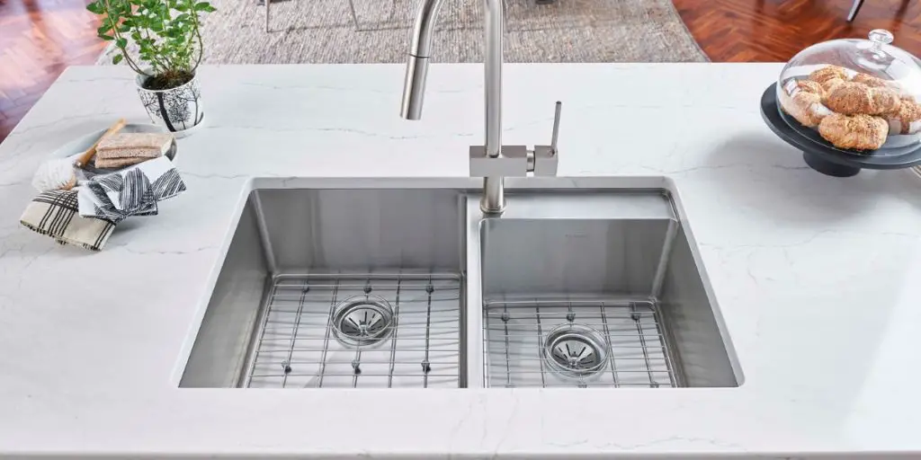 double bowl kitchen sink in white ceramic color