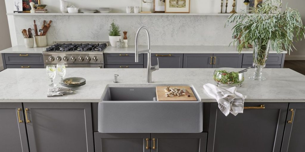 Blanco ikon farmhouse kitchen sink in brass chrome color