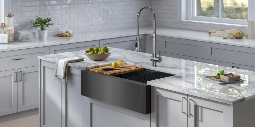 Kraus KWF410-33-PGM Farmhouse Modern Flat Apron Front 16 Gauge Stainless Steel Single Bowl Kitchen Sink