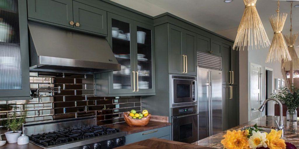 Grayish green color kitchen cabinet