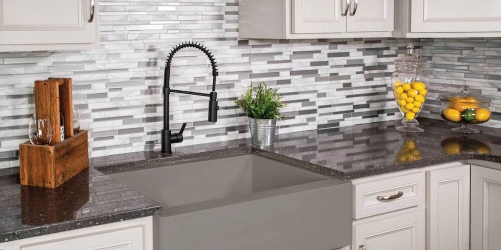 Karran farmhouse kitchen sink (grey color) & faucet (matte back color)