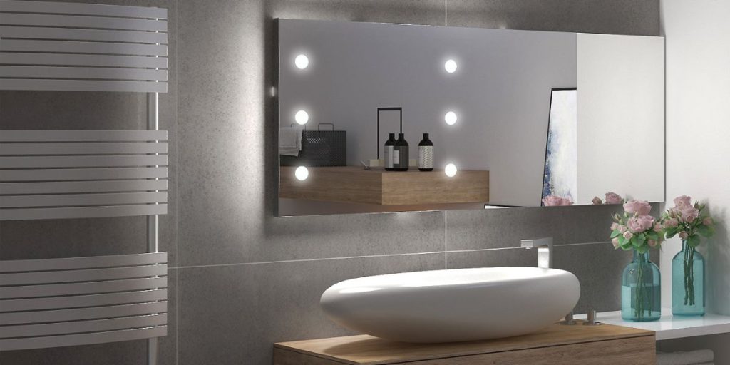 Rectangle bathroom mirror with lights illuminated