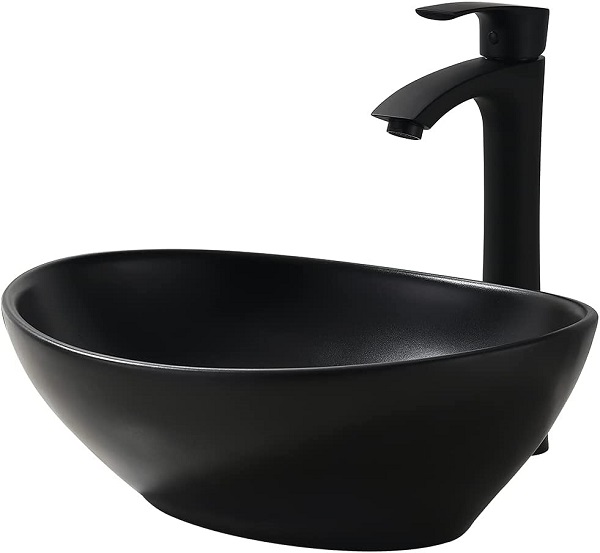 Black Oval Bathroom Sink with Faucet and Drain Combo - VASOYO 16"x13" Matte Black Color Bathroom Vessel Sink Above Counter Oval Porcelain Ceramic Bathroom Vessel Vanity Sink, Faucet and Drain Combo