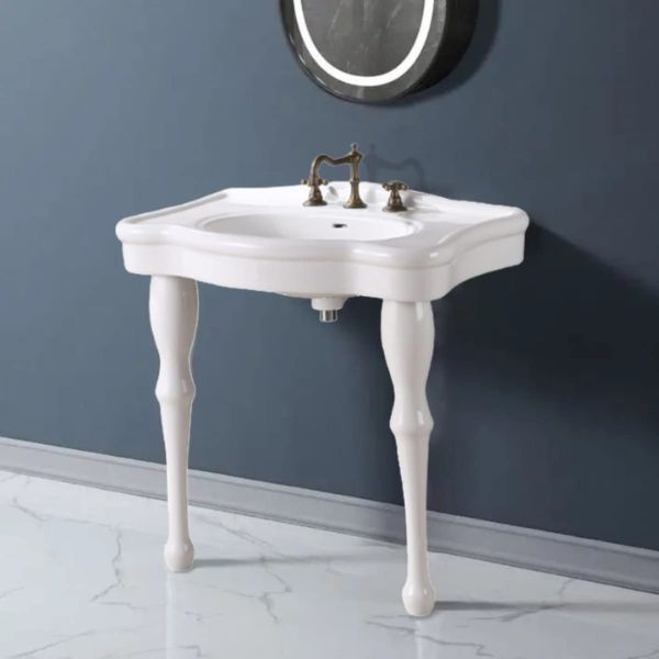 Jasmine White Console Bathroom Sink 32.5" Wide 2 Spindle Pedestal Leg Supports Heavy Duty Porcelain Wall Mount Console Sink With Overflow and Widespread Faucet Holes Renovators Supply Manufacturing