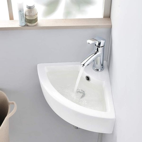 VASOYO Small Corner Bathroom Sink Wall Mount White Triangle Porcelain Ceramic Above Counter Mini Wall Vanity Vessel Sinks with Single Faucet Hole and Overflow