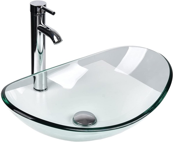 Boat Shape Bathroom Glass Vessel Sink with Chrome Faucet and Pop-up Drain in clear glass color