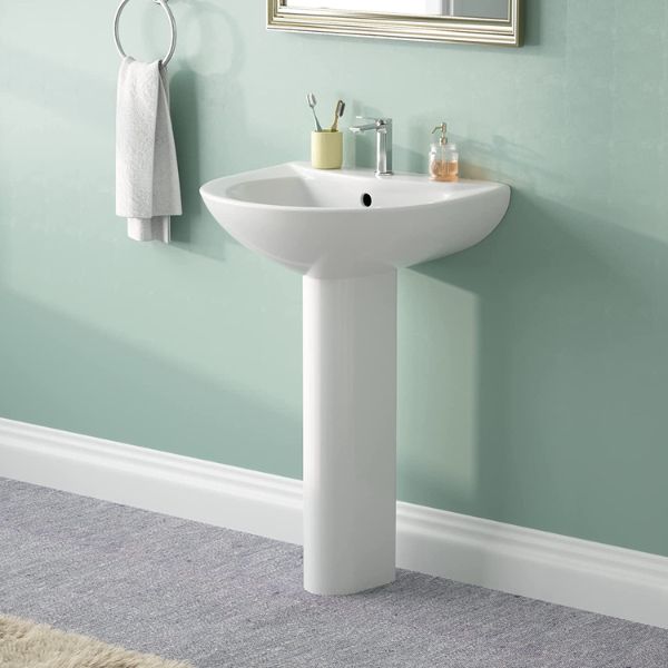 DeerValley DV-1P523 Compact White Ceramic Pedestal Sink, 20" X 17" Inch Pedestal Bathroom Sink With Overflow and Pre-Drilled Single Hole