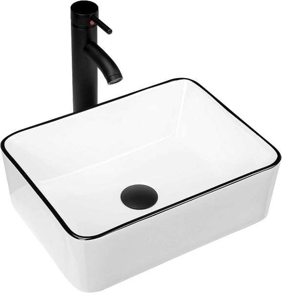 KSWIN Ceramic Rectangular Bathroom Vessel Sink, 16'' x 12'' Above Counter Porcelain Small Sink with Faucet Combo, White Body with Black Trim on The Top