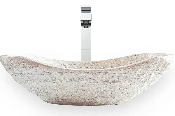 EDUPET Tan Travertine Chiseled Stone Bathroom Vessel Sink - Oval Canoe Shape - 100% Natural Marble, Hand Carved - Free Matching Soap Tray