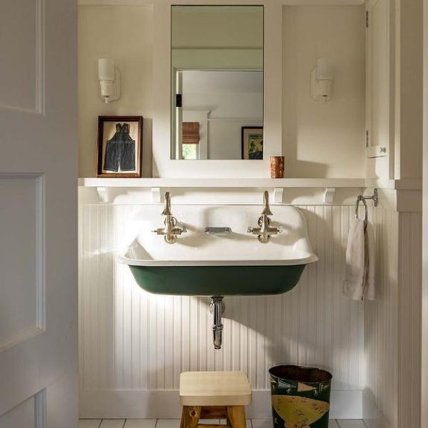 Vintage Boys Bathroom with Hunter Green Trough Sink