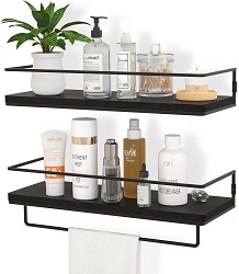 ZGO Floating Shelves for Wall Set of 2, Wall Mounted Storage Shelves with Black Metal Frame and Towel Rack for Bathroom