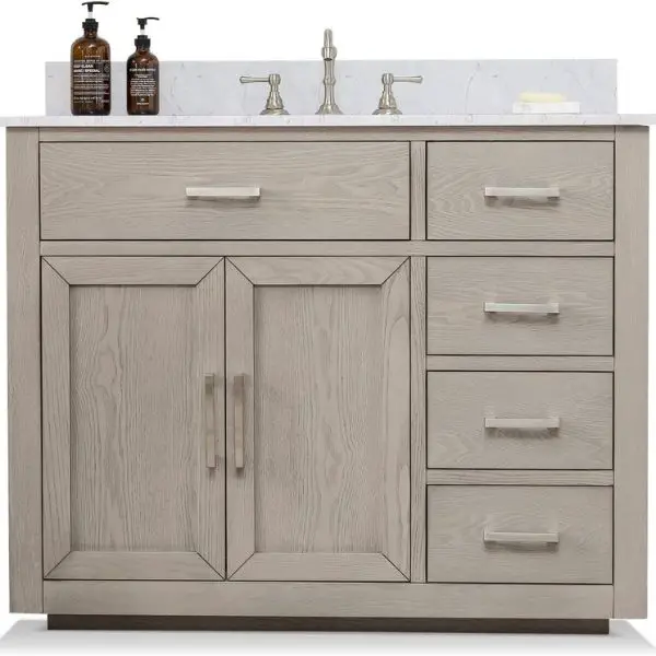 UrbanFurnishing.net - Grace Mid-Century Bathroom Sink Vanity Set with Carrara White Quartz Top - Antique Gray