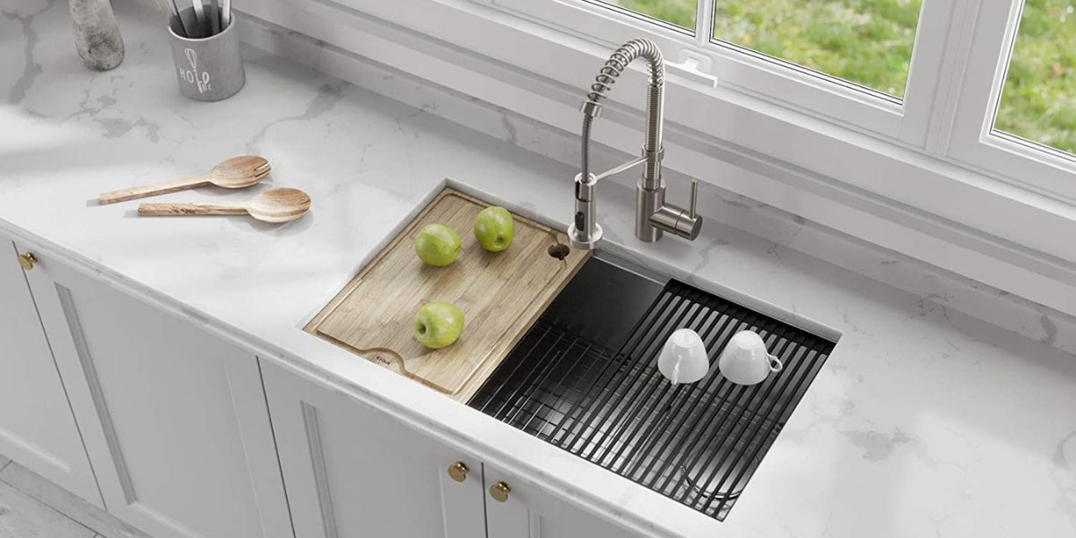Undermount workstation sink with pull-down kitchen faucet by Kraus