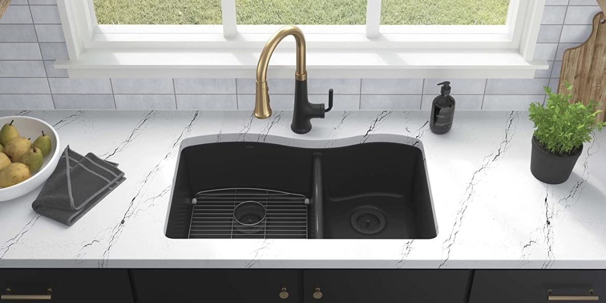 Matte black undermount kitchen double bowl sink with bottom grids by Kohler