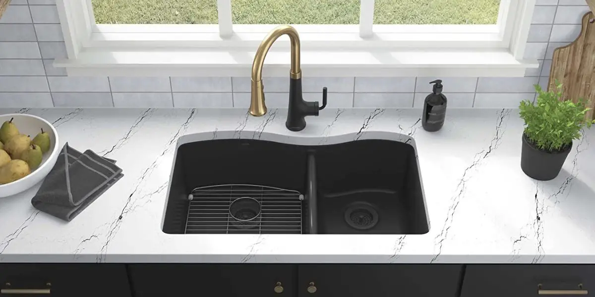 Matte black undermount kitchen double bowl sink with bottom grids by Kohler