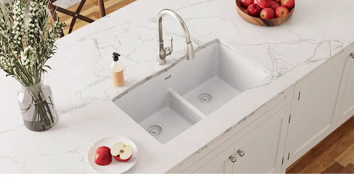 White quartz undermount double bowl kitchen sink with drainer by Elkay