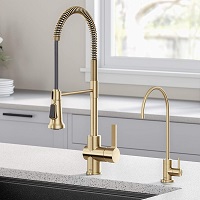 KRAUS Britt Commercial Style Kitchen Faucet and Purita Water Filter Faucet Combo in Brushed Gold, KPF-1690-FF-100BG