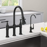 KRAUS Allyn Transitional Bridge Kitchen Faucet and Water Filter Faucet Combo in Matte Black color